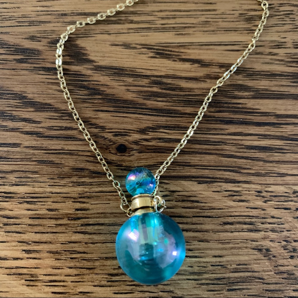 Blue Glass & Gold Perfume Bottle Pendant NWOT
